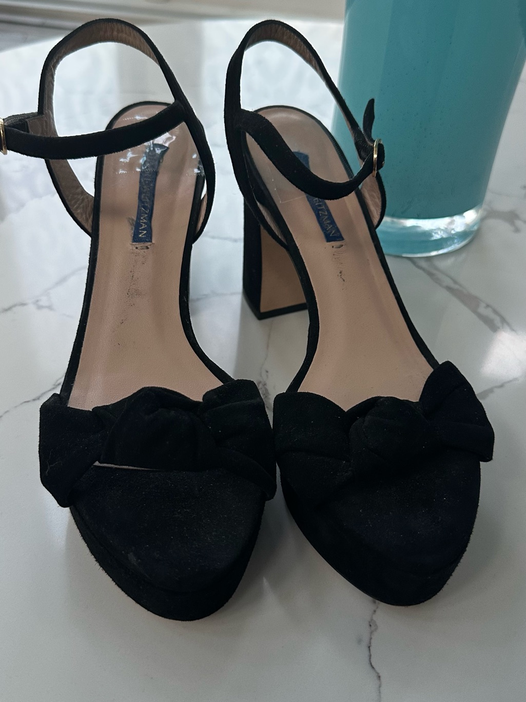Stuart Weitzman Black Suede Bow Block Heel Sandals